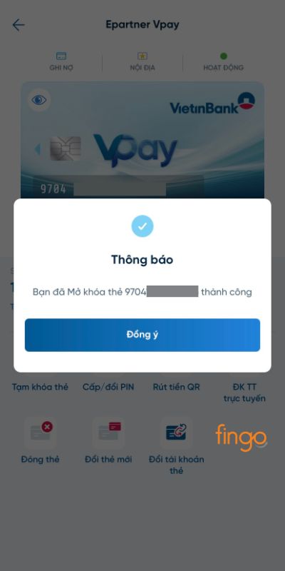 Mở khóa thẻ thành công