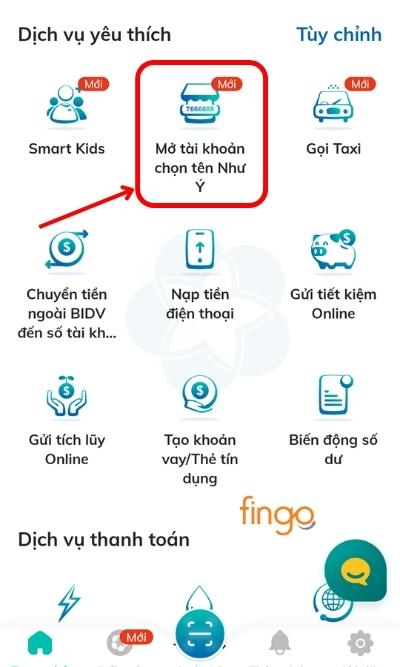 Chọn tính năng "Mở tài khoản Chọn tên Như ý" tại trang chủ.