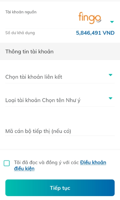 Tại màn hình Mở tài khoản Chọn tên Như ý, chọn tài khoản liên kết, loại tài khoản Chọn tên Như ý.