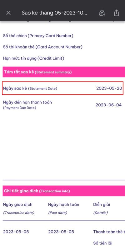 Bạn có thể kiểm tra ngày sao kê thẻ tín dụng Cake thông qua các bảng sao kê tháng trước