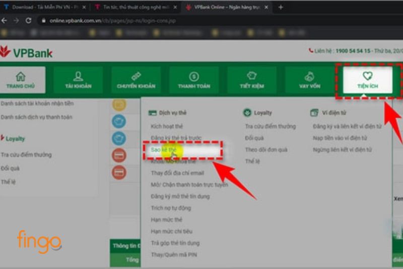 Chọn Tiện ích và chọn Sao kê thẻ