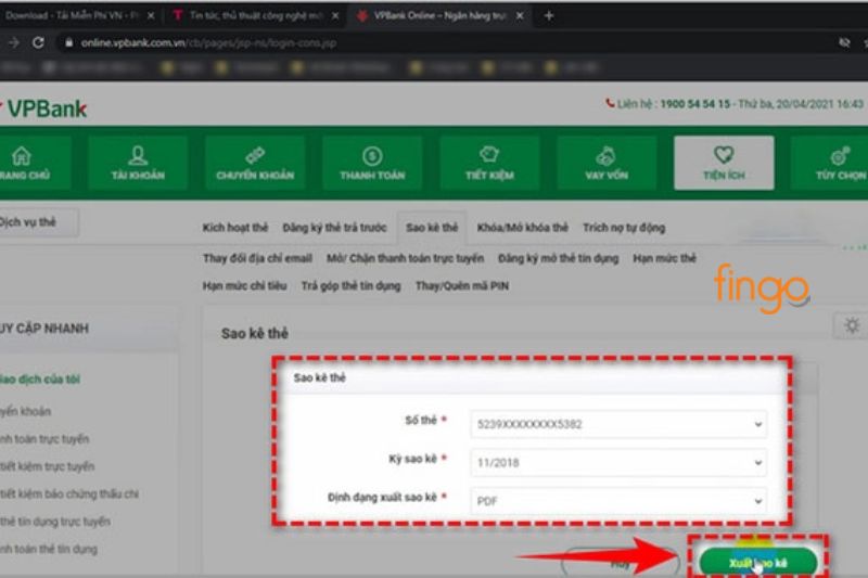 Chọn thẻ tín dụng, kỳ sao kê và định dạng file sao kê