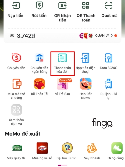 Nhấn chọn thanh toán hóa đơn hiển thị trên màn hình chính