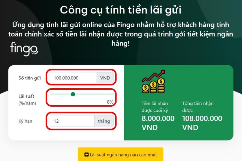 Nhập số tiền gửi 100 triệu VND vào mục số tiền gửi.