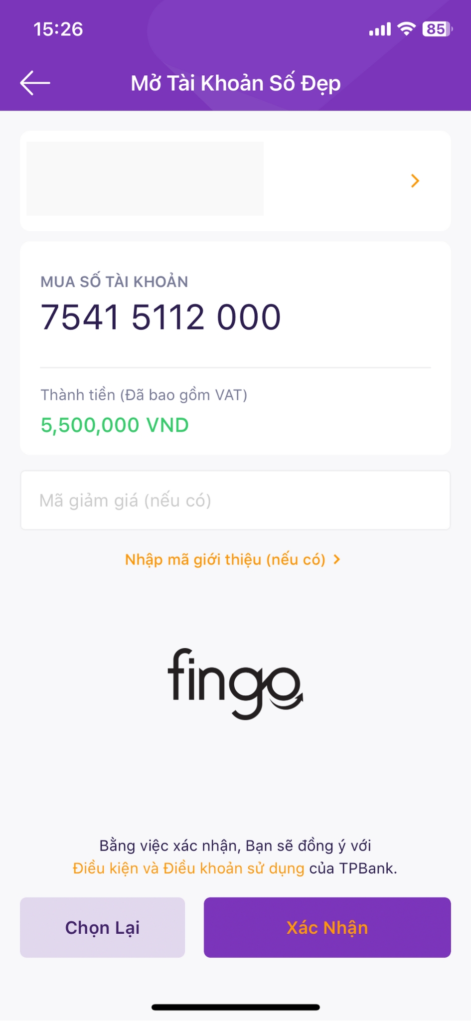 Mở tài khoản số đẹp TPBank bước 4