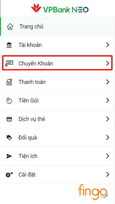Vào tính năng Chuyển khoản