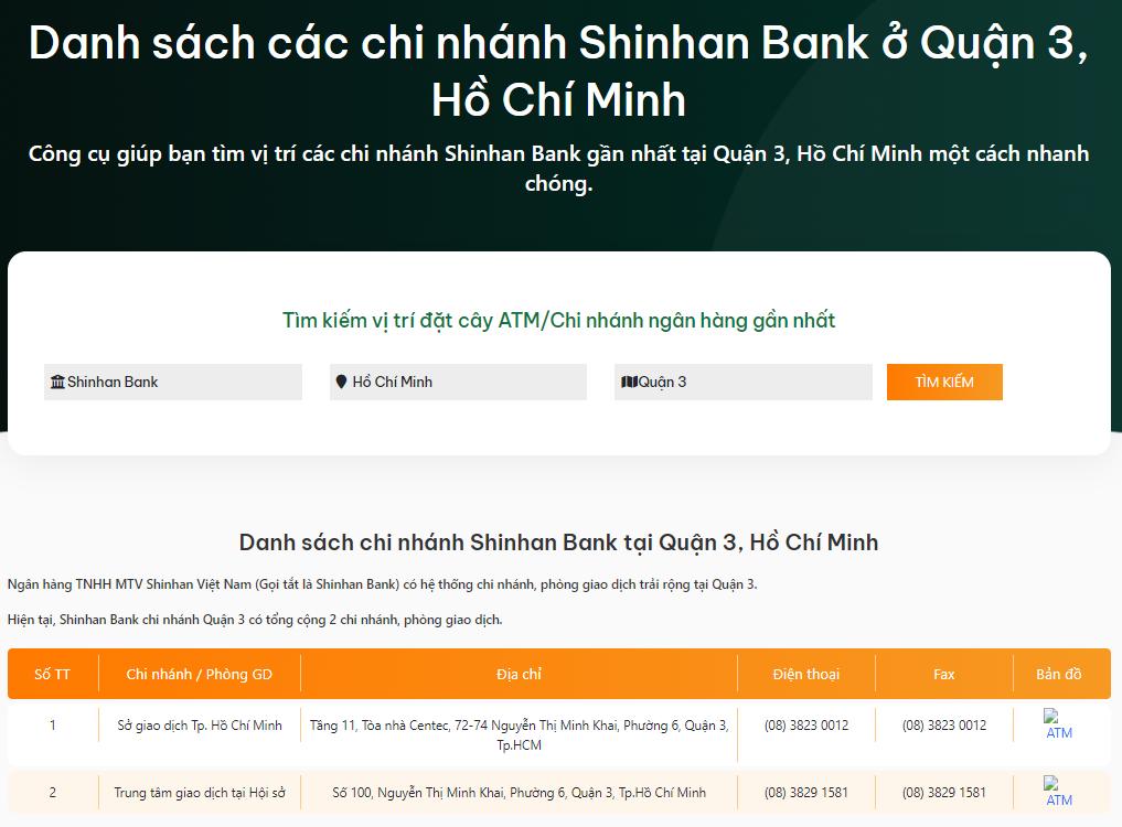 Phòng giao dịch, Địa chỉ, hotline Shinhan xuất hiện dưới dạng danh sách