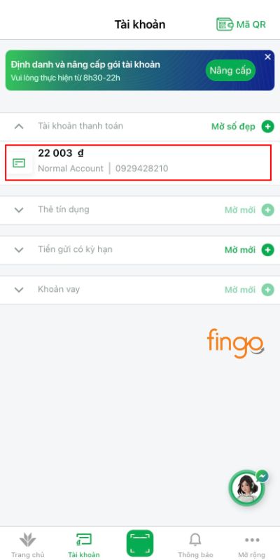 Số tài khoản sẽ được hiển thị theo dạng danh sách như hình