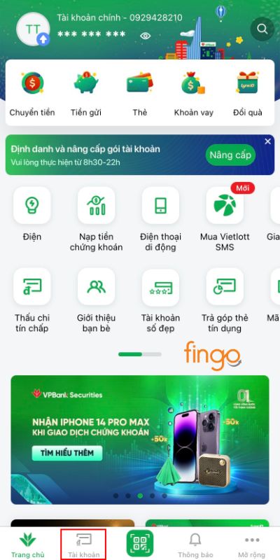 Chọn mục Tài khoản