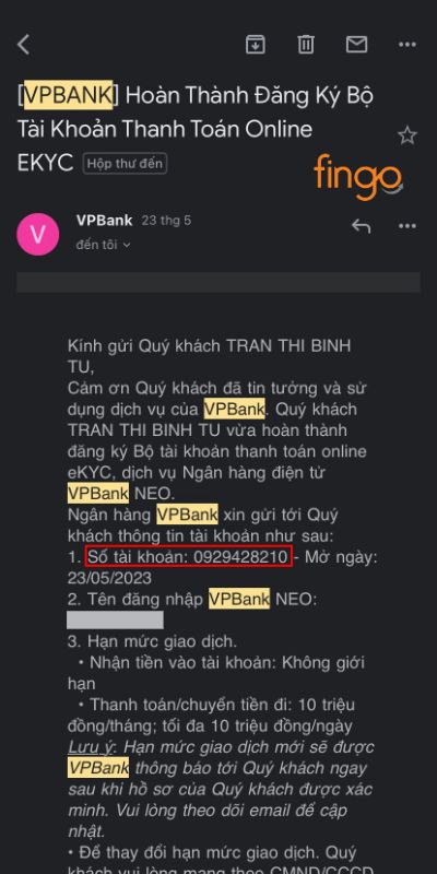 Tra cứu số tài khoản VPBank qua email ngân hàng gửi tới