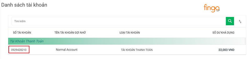 Số tài khoản được hiển thị như ảnh trên