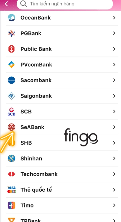 Chọn ngân hàng SeABank trên mục tìm kiếm