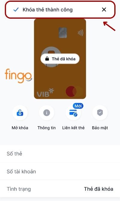 Lúc này, màn hình sẽ hiển thị thông báo khóa thẻ thành công.