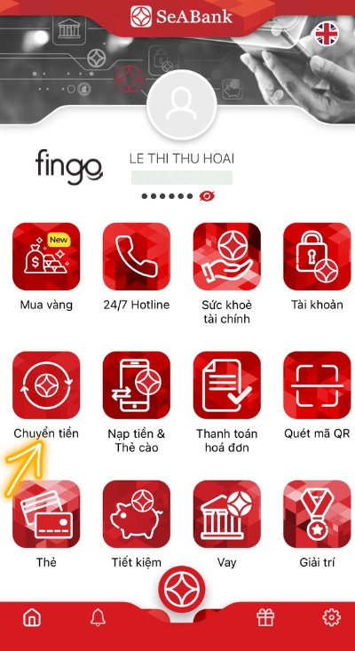 Nhấn chọn mục chuyển tiền