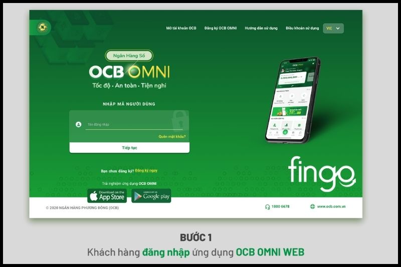 Khách hàng đăng nhập ứng dụng OCB OMNI website.