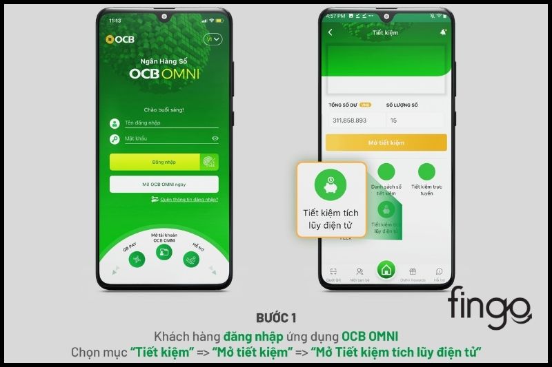 Khách hàng đăng nhập ứng dụng OCB OMNI. Chọn mục "Tiết kiệm" --> "Mở tiết kiệm" --> "Mở tiết kiệm tích lũy điện tử".