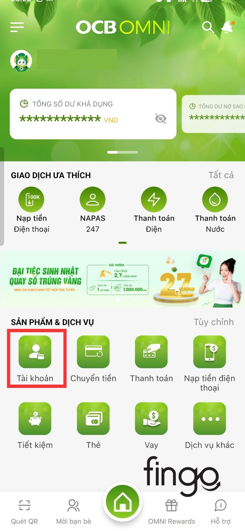 Chọn vào mục "Tài khoản".