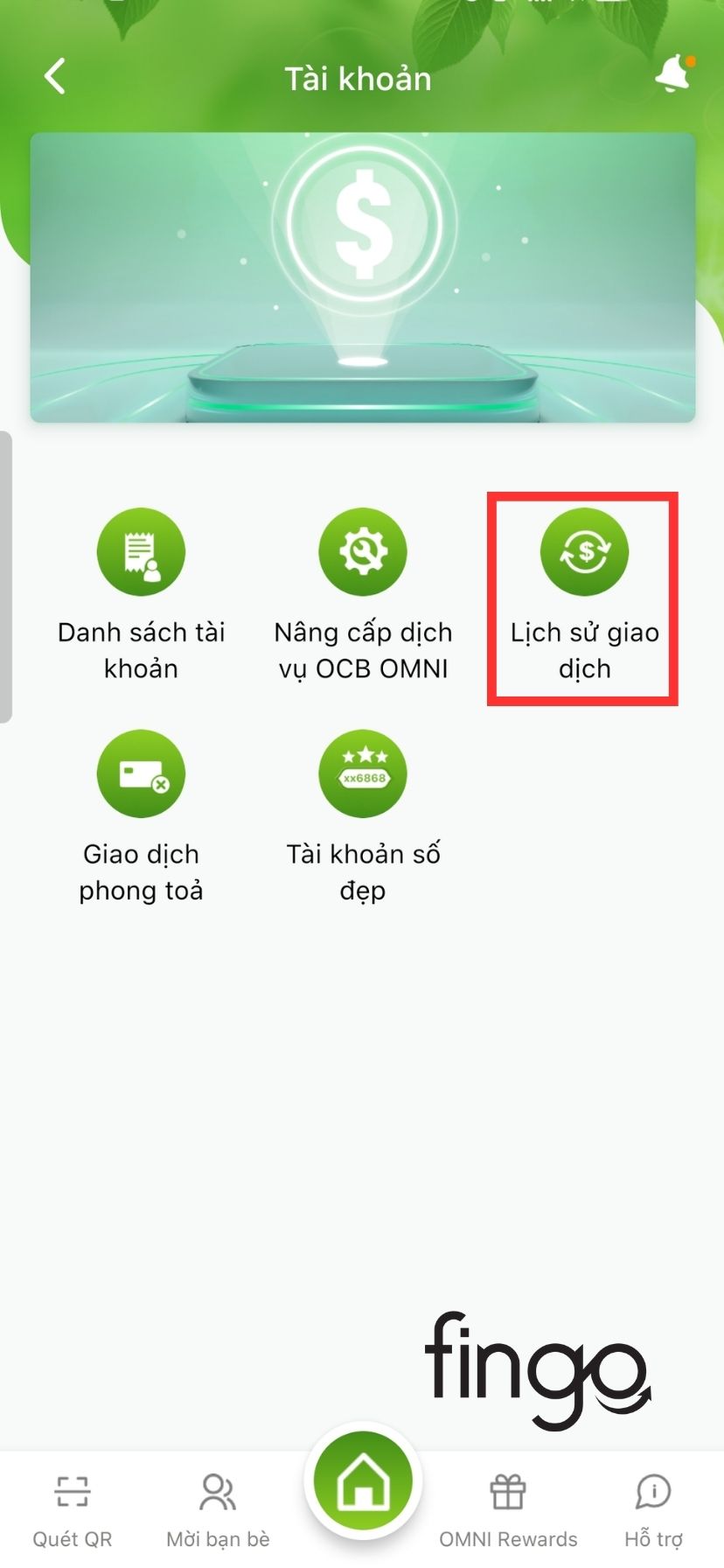Chọn mục "Lịch sử giao dịch".