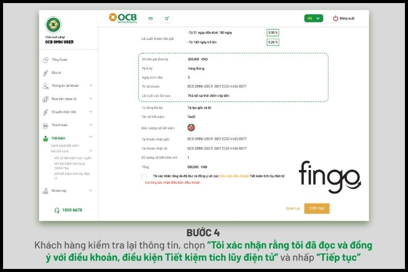 Khách hàng kiểm tra lại thông tin, chọn "Tôi xác nhận rằng tôi đã đọc và đồng ý với điều khoản, điều kiện Tiết kiệm tích lũy điện tử" và nhấp "Tiếp tục".