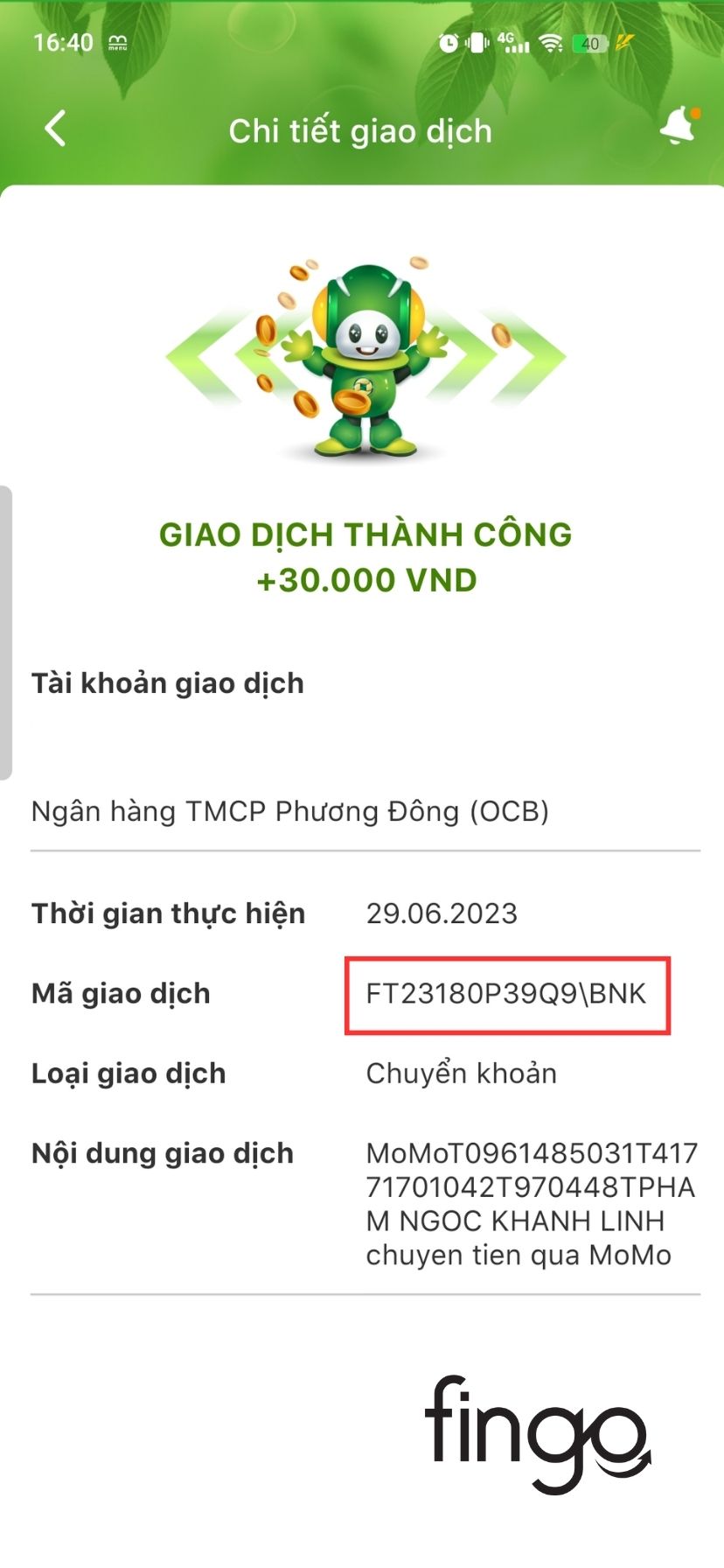 Mã giao dịch mà bạn cần sẽ được tìm thấy trong mục bạn đã chọn.