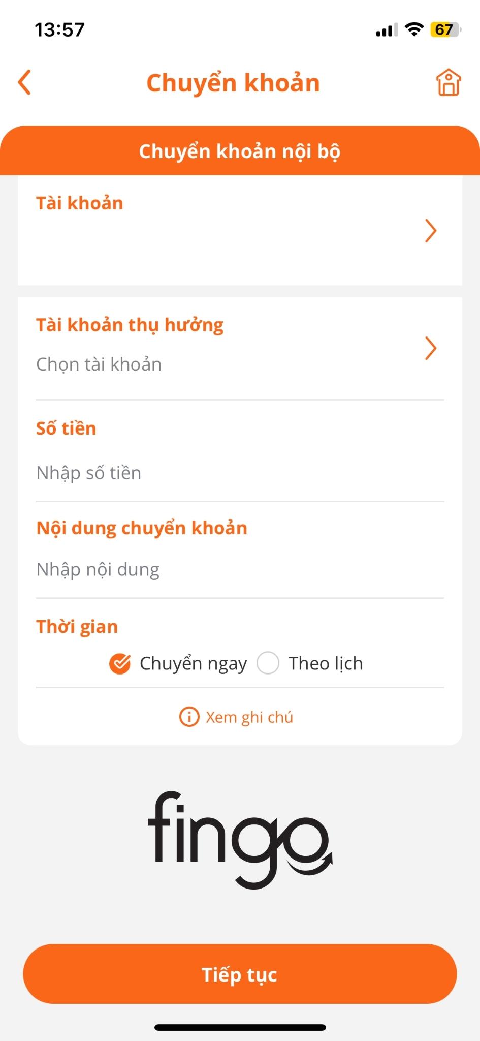 Nhập thông tin người thụ hưởng và số tiền bạn cần chuyển vào. Sau đó chọn "Tiếp tục".
