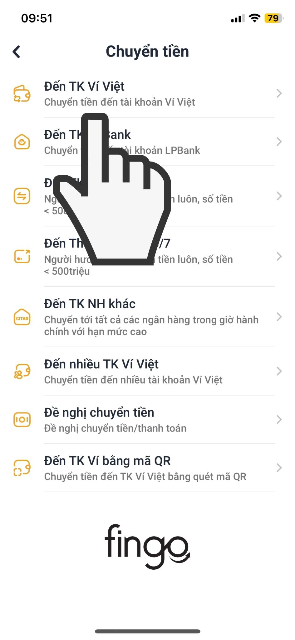 Cách chuyển tiền LPBank đến TK Ví Việt bước 2