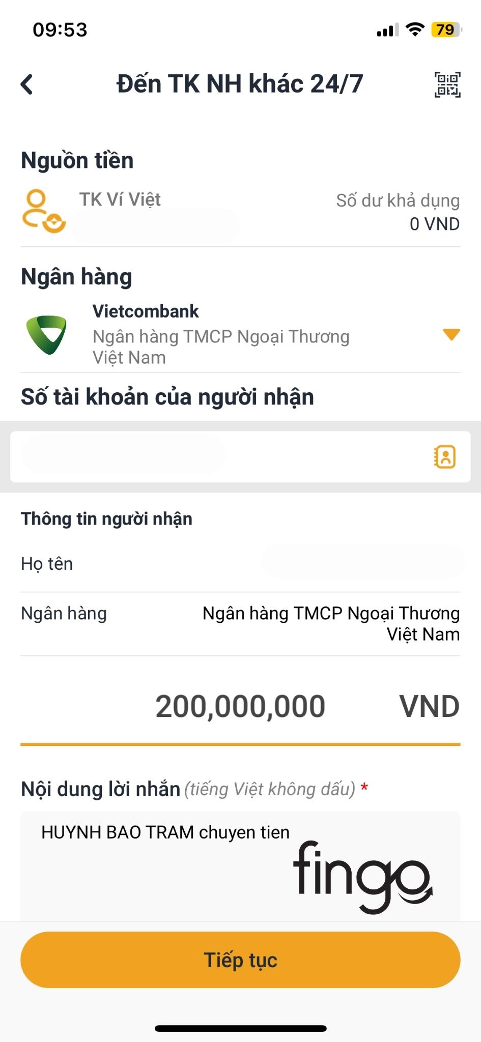 Nhập số tài khoản của người nhận, ngân hàng, số tiền và nội dung rồi chọn tiếp tục.