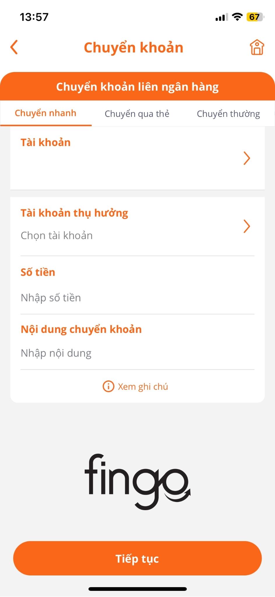 Nhập thông tin người thụ hưởng và số tiền bạn cần chuyển vào. Sau đó chọn "Tiếp tục".
