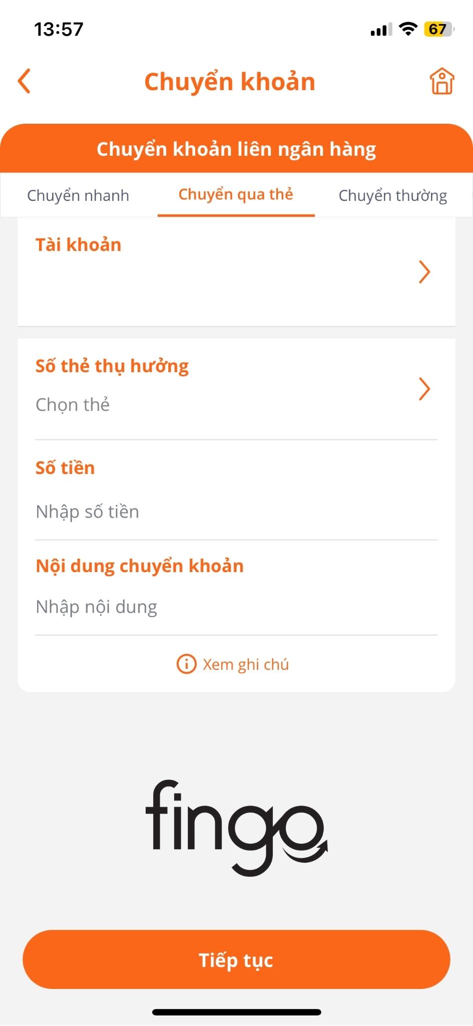 Nhập số thẻ và các thông tin người thụ hưởng vào.