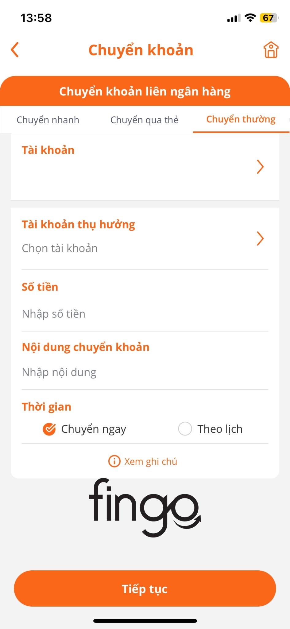 Nhập thông tin người thụ hưởng và số tiền bạn cần chuyển vào. Sau đó chọn "Tiếp tục".