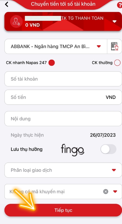 Nhập thông tin và nhấn chọn tiếp tục