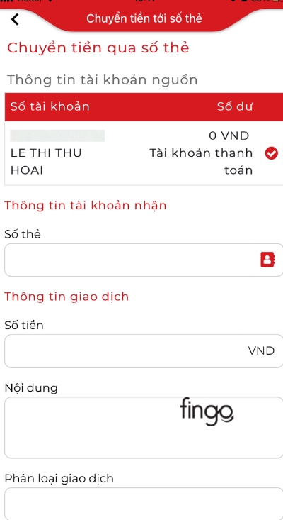 Nhập thông tin để chuyển tiền qua số thẻ