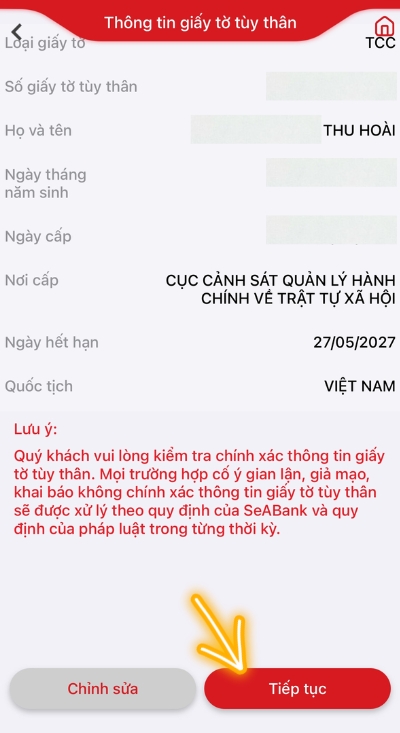 Kiểm tra thông tin cá nhân và chọn tiếp tục