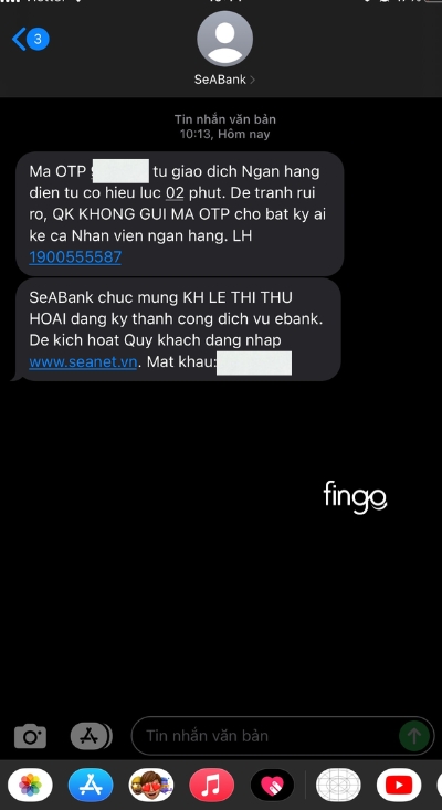 Tin nhắn xác thực đã đăng ký thành công và mật khẩu để kích hoạt