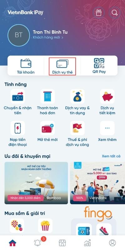Chọn Dịch vụ thẻ