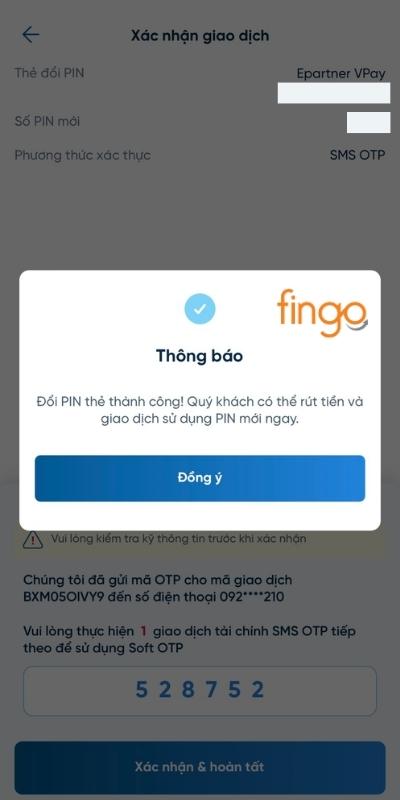 Thực hiện đổi mã PIN thẻ Vietinbank trên app thành công