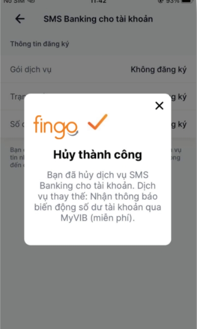 Hoàn tất hủy dịch vụ SMS Banking VIB