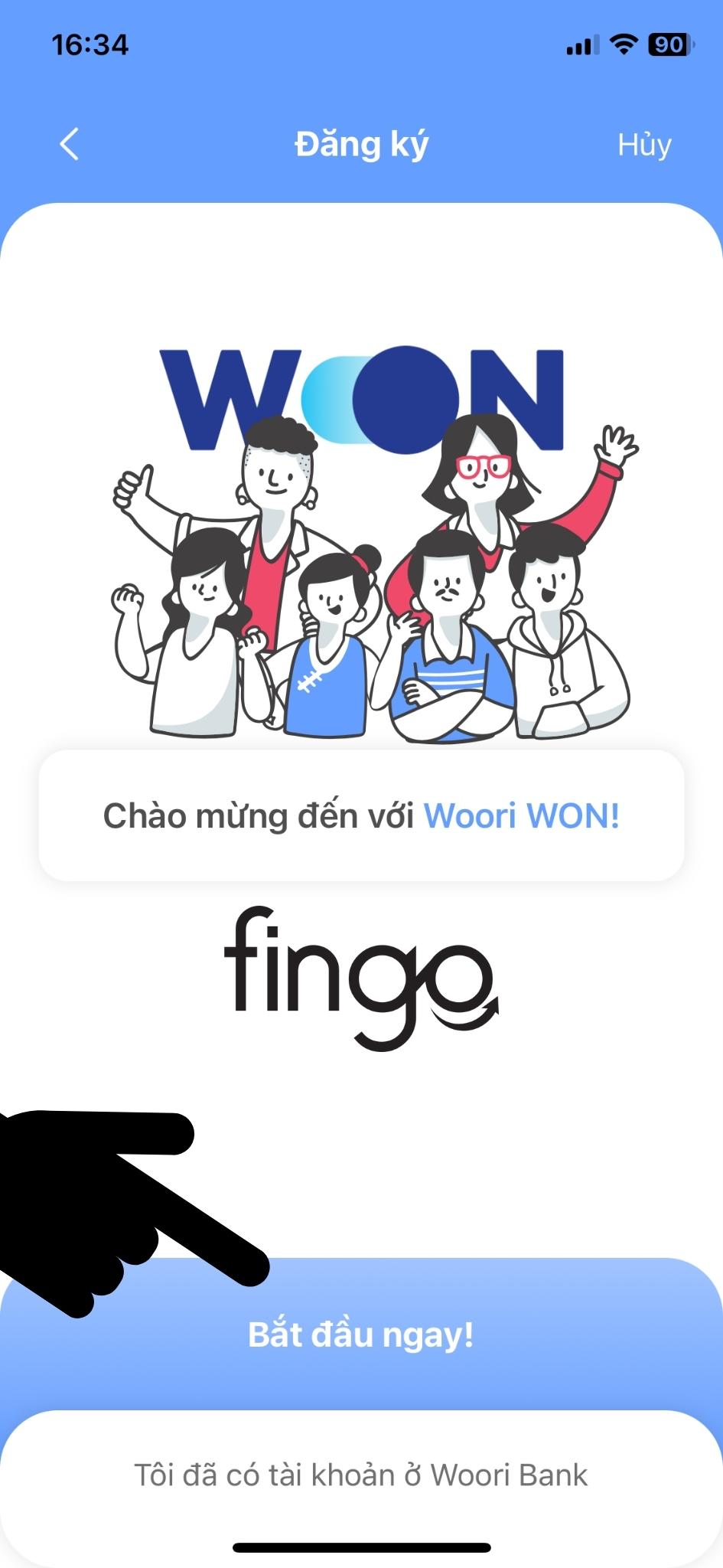 Truy cập vào ứng dụng Woori Won và chọn "Đăng ký".