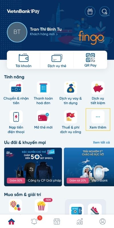 Đăng nhập vào Vietinbank iPay và chọn Xem thêm