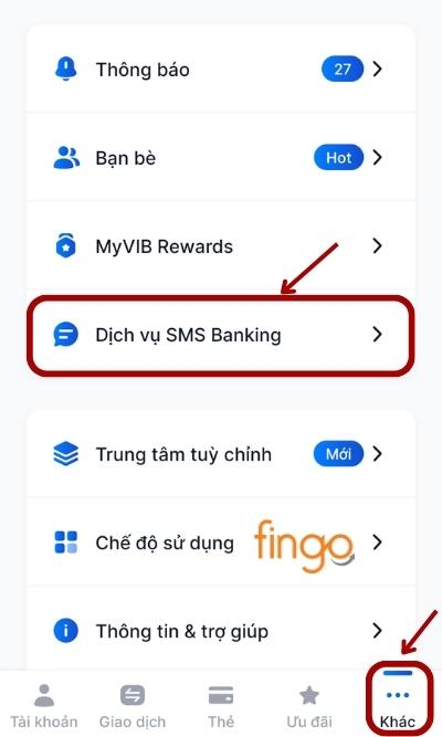 Chọn mục "Khác". Tiếp đó, chọn mục "Dịch vụ SMS Banking".