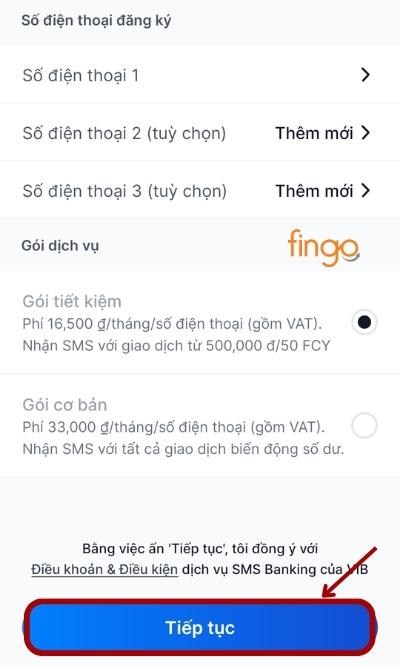 Tại màn hình, khách hàng nhập số điện thoại và lựa chọn Gói dịch vụ. Sau đó chọn "Tiếp tục".