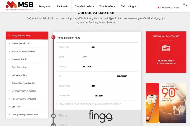 Đổi số điện thoại ngân hàng MSB online bước 2
