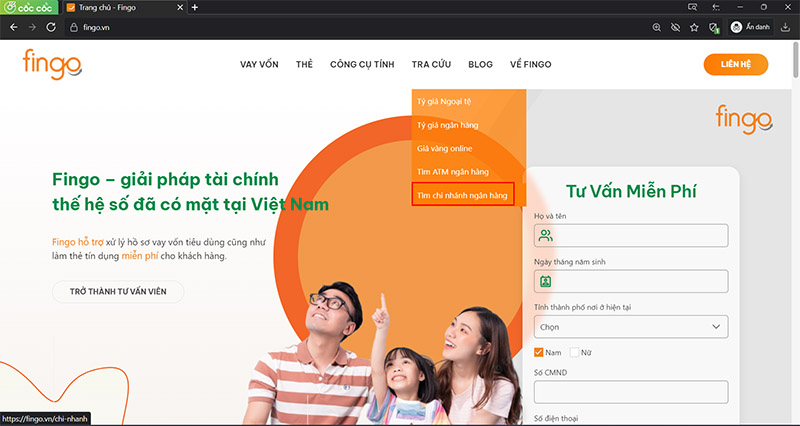 Chọn Tìm chi nhánh ngân hàng