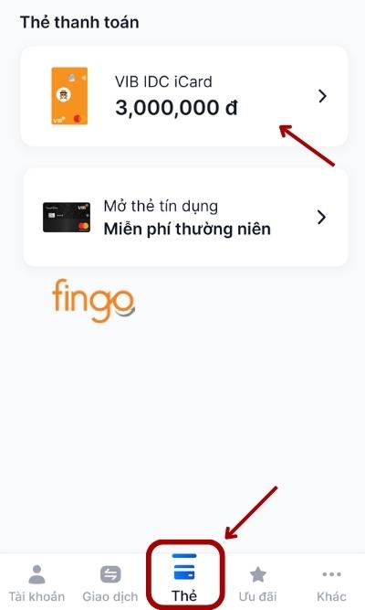 Đăng nhập tài khoản vào ứng dụng. Chọn mục "Thẻ" tại thanh điều hướng để mở thẻ mà bạn muốn kích hoạt.