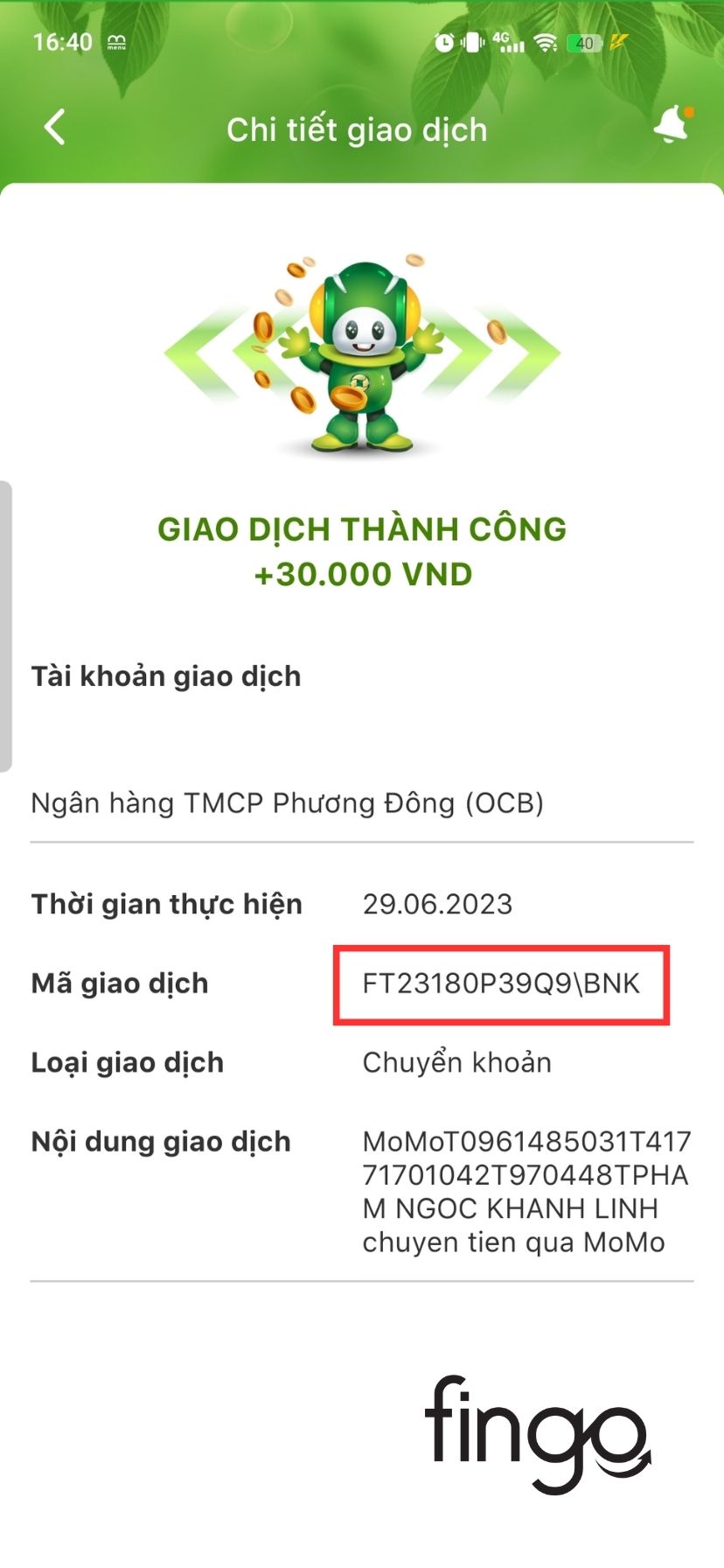 Mã giao dịch OCB trên ứng dụng OCB OMNI.