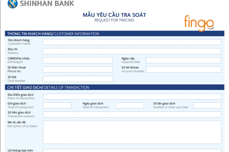 Mẫu yêu cầu tra soát Shinhan Bank của ngân hàng