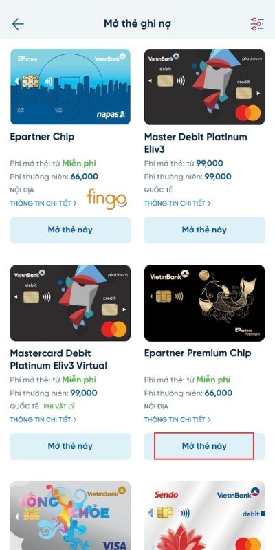 Bấm nút Mở thẻ này ngay dưới sản phẩm thẻ bạn lựa chọn
