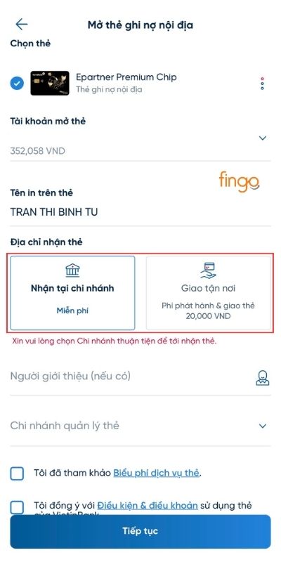 Chọn nhận thẻ tại ngân hàng hoặc giao tận nhà
