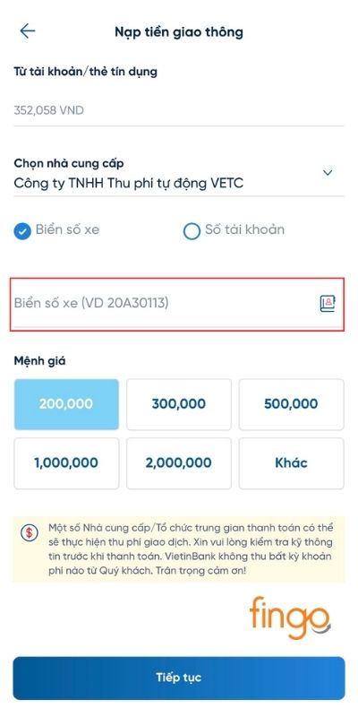Nhập biển số xe và mệnh giá tiền nộp vào tài khoản VETC