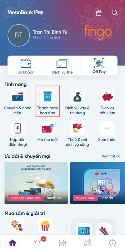 Chọn Thanh toán hóa đơn